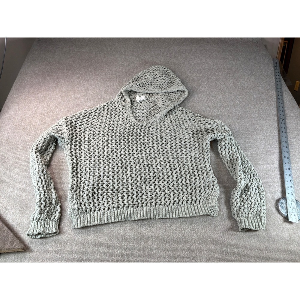 Artelier Nicole Miller Open Knit Hoodie Sweater Sage Green Crochet Pullover L